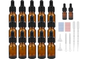 Episkey 15x10ml Flaconi bottiglie contagocce in vetro ambrato, Bottiglia a pipetta con imbuto ed etichetta per oli essenziali e altri liquidi, bottiglia in vetro con contagocce e 10 accessori