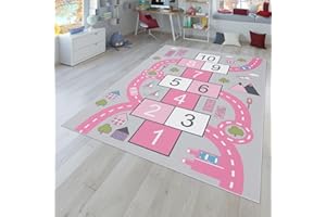 TT Home Children's Rug, Play Rug For Child's Room Road Motif, Hopscotch, Pink, Size:140x200 cm