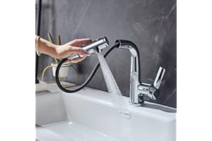 LakeBayMZC Rubinetto per lavabo con rubinetto estraibile, miscelatore monocomando per bagno con 3 tipi di getto d'acqua, cromato
