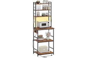 KIMENICH Scaffale Cucina, Mensola da Cucina con LED e Multipresa, Mobile Cucina per Microonde con 6 Ripiani, 8 Ganci a S, per Corridoio, Cucina, Soggiorno, 40 x 60 x 174 cm, Marrone