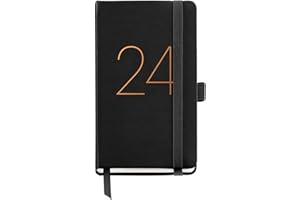 Miquelrius - Agenda Anual 2024, Día Página, Tamaño Passport 90 x 140 mm, Cubierta rígida símil piel cosida, Goma elástica, Español, Inglés y Portugués, Negro