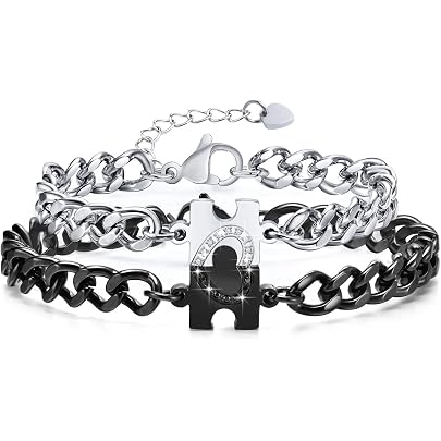 Cupimatch Bracciale Coppia Fidanzati Regalabili Magnetici-Braccialetto Donna Uomo Cuore Spezzato Good Luck Acciaio Inox (con Carta) Regalo Matrimonio/ Anniversario/Compleanno/San Valentino/Genitori