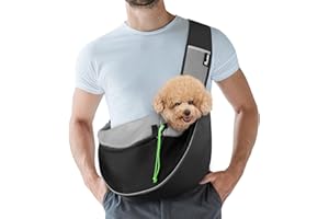 Pawaboo Pet Dog Sling Carrier, Hand Free Drawstring Dog Papoose with Adjustable Strap, Breathable Mesh Bag for Puppy Cat, Crossbody Satchel Dog Purse with Pocket for Outdoor Travel, Black, Medium