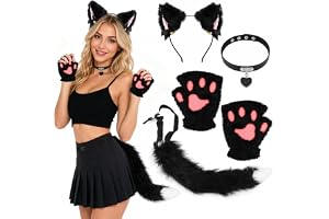 Hijinee Kattdräkt dam set i 4 delar, sexig katt cosplay kostym | Plysch kattöron hårband, kattsvans, katttassar handskar och halsband, för halloween, karnevaler, maskerad