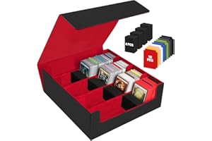 AOBOPLE Scatola per Carte per Oltre 3200 Carte, Scatole per Carte Collezionabili con 10 Divisori Colorati e 4 Schiuma, Scatole per Mazzi Magnetici Premium, Custodia in pelle PU Magic the Gathering(Nero Rosso)