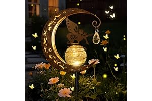 Caldarax Fairy Solar Lights Outdoor Garden Ornaments, IP65 Waterproof Solar Moon Light Crackle Glass Ball, Warm White LED Metal Stake Lights for Pathway Lawn Patio Balcony Decorations
