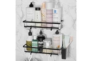 Radikor Estanteria Baño sin Taladro, 2 Piezas Estanteria Ducha Acero Inoxidable, Organizador Baño, Accesorios Baño, repisa baño Adhesiva con 1 Soporte Pasta de Dientes, 12 Gancho y 3 Adhesivos, Negro