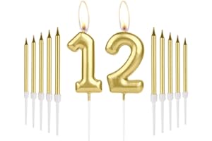 MCISKIN 12th Birthday Candles, Gold Long Stick Birthday Candles, Number 12 Candle, Happy Birthday Candles for Cake, Cake Candles Cake Topper for Women Men Birthday Party 12th Wedding Anniversary Decorations