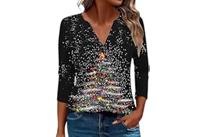VPQILH Christmas Light Up Jumper for Women, V Neck Sweatshirts Ugly Santa Claus Pullover Reindeer Shirts Christmas Tree Sweater 3D Printed Tee 3/4 Sleeve Plaid Tshirts Ladies Funny Tops Casual Xmas Costume