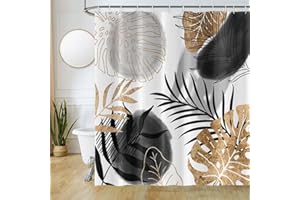 Tenda Doccia Nere Oro, Uiiooazy Tenda da Doccia Astratta Boho Foglie di Palma Tenda per Doccia Antimuffa Impermeabile Tessuto in Poliestere Lavabile Opaca Tenda Vasca da Bagno con 12 Ganci 180Lx220Acm