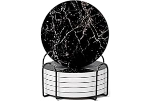 GRISHA Coasters Set of 6 - Homeware Marble desigh Coasters Ceramic - Coasters with Holder and Cork Base,Home accessories,Coaster(Drinks) cup and Table decor,10cm 4inch (Black)