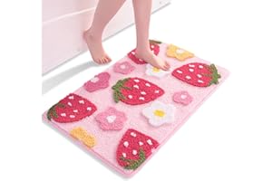 QJHOMO Pink Bath Mat Non Slip Bathroom Mats 45 x 65 cm, Cute Strawberry Bathroom Accessories Flower Floor Mat, Thick Soft Microfiber Bathmat Machine Washable Bath Rug Absorbent Carpet for Bedroom
