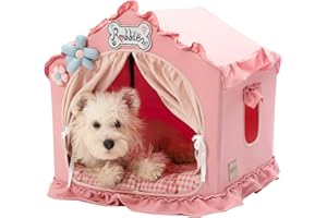 Jiupety Hundehöhle Hundehütte Indoor mit Rahmen, Waschbare, Zusammenklappbare Hundezelt, Hundehaus für Drinnen, Belüftbares Hundebett mit Dach für 4-9 kg, M Größe 43x43x43 cm, Pink
