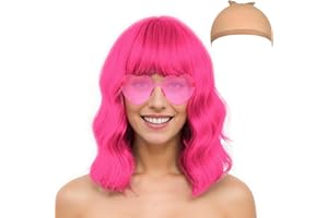 DAJOOEE Mermaid Wigs Costume Wig Cap and Sunglass Set, Shoulder Length Loose Curly Synthetic Wig with Bangs Party Wigs for Halloween Christmas Masquerade Party (Hot Pink)