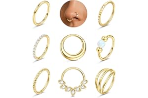 Adramata 8Pcs Piercing Nez Acier Chirurgical Piercing Septum Hypoallergénique Piercings Nez Anneaux Fermoir Clicker - Bijoux pour Piercings Lèvre, Cartilage, Oreille (Conch, Tragus, Helix) Or/Argent