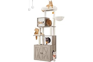 Feandrea Arbre à Chat Moderne avec Cache-litière, Tour de Jeu, Griffoir avec Maison de Toilette, 180 cm, Niche, Plateforme, Tapis Lavables, Grège PCT116G01