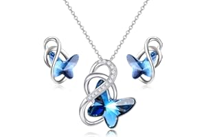 AOBOCO Zestaw biżuterii damskiej, srebro próby 925, motyle, łańcuszek z motywem nieskończoności, kolczyki z kryształami, prezent urodzinowy dla mamy, przyjaciółki, Srebro szterlingowe, Kryształ