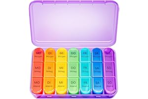 ZOKSI Pillenbox 7 Tage 3 Fächer, Tablettenbox 7 Tage Morgens Mittags Abends, Deutsch Pillendose 7 Tage für Eine Woche Pillendose, 21 Fächer Medikamentenbox (Lila)
