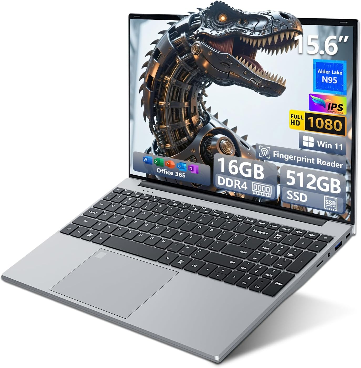 Ordenador Portátil 15,6" Celeron N95, PC Portátil Win 11 16GB RAM 512GB SSD, Laptop Pantalla FHD IPS, Teclado Retroiluminado con Huella Dactilar, USB3.0, HDMI, WiFi 5 - Computadora Portátil Versátil