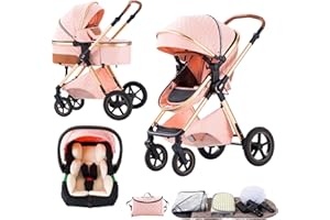 BEBBY 3-in-1 Kinderwagen KombiKinderwagen-Set 2-in-1 Buggy faltbar Luxus Hochlandschaft Neugeborenes Tragbarer Zusammenklappbarer Kinderwagen Travel System (Pink, H2)