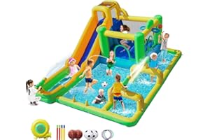 SPORTBOB Castillo Hinchable Grande con Ventilador para niños Grandes 500 x 400 x 210 cm tobogán seco y de Agua,con Pistola de Agua, Salto, Escalada en la Pared, Gorra de Baloncesto para Interior o Exterior