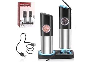 ZOYIDOUX Set di 2 Macina Sale e Pepe Elettrico Macinaspezie a Gravità con base di ricarica doppia porta USB,Copertura Antipolvere, Spazzola,Luce LED e Rugosità Regolabile,Operazione una Sola Mano