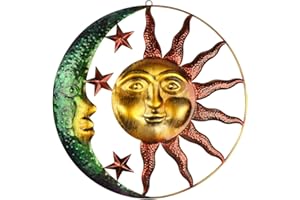 Fangoo Large Metal Sun and Moon Wall Art Decor Outdoor 3D Wall Hanging Decor Artistic Sun and Moon with Star Wall Sculpture for Home Garden Patio Porch Fence Decoration(40CM)