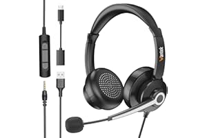 Wantek Casque PC avec Microphone, USB/Type - C/3,5 mm Jack 3- en-1 Casque d'ordinateur USB Casque et contrôle de Volume Filaire pour Centre d'appels Skype,Zoom,Bureau à Domicile