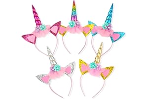 VFANDV 5 Pièces Serre Tete Licorne, Bandeau Lumineux avec Accessoires et Oreilles, Serre-têtes en Forme Licorne, Adulte Enfant Pâques Anniversaires Fêtes Cosplay