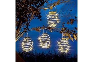 CECOMBINE 4pcs Solar Light Spiral LED Lanterns with Hook, White Powered Garden Lights Waterproof Hanging Copper for Party, Weddings, Porch, Patio, Decor (Spiral Light), CECO-I216