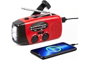 DEJIN Radio Solar portátil con WB/Am/FM, generador de manivela, batería Recargable de 2000 mAh, Cargador de teléfono móvil USB, Linterna LED, para emergencias, Camping (Rojo)