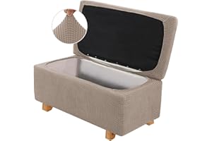 LINGKY 2 Piece Stretch Ottoman Cover Folding Storage Stool Cover Rectangle Foot Rest Slipcover with Elastic Bottom, Checks Spandex Jacquard Fabric (Sand,Large)
