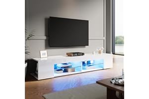 ZANOFIRA TV Stand Cabinet Unit with 16 RGB LED Lights, High Gloss White TV Stand with Glass Shelves & 2 Storage Compartments, 1600 x 390 x 300mm
