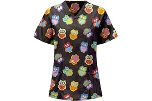 POLPQED Trabajadores de Cuidado Mujer Casual Camiseta Manga Corta Cuello V Casacas Sanitarias de Estampado Casaca Sanitaria para Dentistas, Médicos y Veterinarios Camisa Mujer Señora Uniforme de Trabajo XXL
