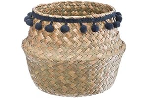 Hogar y Mas CESTO DE Mimbre Pompones 15X17,5 - Negro