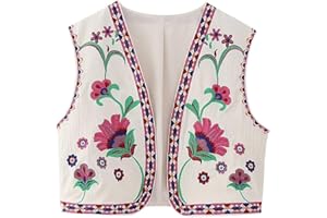 Siyova Women Vest Sleeveless Vintage Cardigan Floral Embroidered Open Front Crop Top Summer Boho Retro Waistcoat Women Gilet Casual Street