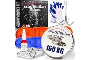 Magfishion - Juego de Pesca Magnética - 160 KG - Imanes Neodimio – Iman Potente - Imán de Neodimio - Con 2x Cuerdas (10M & 20M)– Guantes – Triple Gancho - Ojal magnético – Ø 60 mm