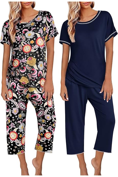 Pyjama 2 Pièces Femme été - T-shirt Manches Courtes + Pantacourt 3/4, Coton Doux, Imprimé, Grande Taille, Confortable