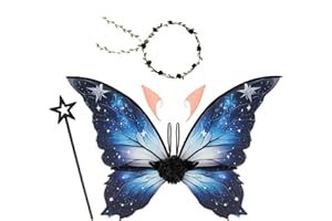 YELKOEYN Fairy Wings and Wand Kit- Enchanting Butterfly Costume with Fairy Wings, Flower Garlands, Elf Ears and Magic Wands for Kids Adults Role Playing Holiday Gatherings (Starry)