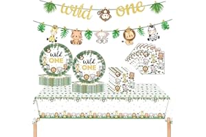 GÉNERIC Stickerboy Wild One Jungle Birthday Party Tableware Set Jungle Animals Party Supplies Disposable Paper Plates Napkins Tablecloth Banner for Birthday Party Decorations Baby Shower