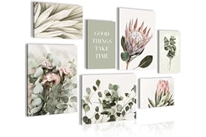 Novart N023071a - Poster da parete con foglie, pronti da appendere, stile boho, per soggiorno, camera da letto, 7 immagini moderne, verde/beige
