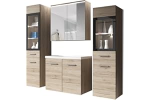 MIRJAN24 Udine II - Set di mobili da bagno con lavabo e sifone, bagno moderno, completo, con specchio, mobiletto per lavabo, armadietto alto, con illuminazione LED bianca, San Remo