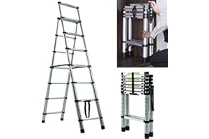 RIGOGO 1.7 m + 2 m Extendable Telescopic Ladder, Robust Aluminium Folding Ladder, Telescopic Ladder, A-Frame Step Ladder with 5 + 6 Rungs, 150 kg Load Capacity EN131