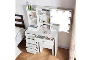 Buildonely Toaletka z lustrem, stolik do makijażu z 6 szufladami, 1 stołek, toaletka z diodami LED, regulowana jasność, 3 temperatury barwowe, nowoczesna, biała