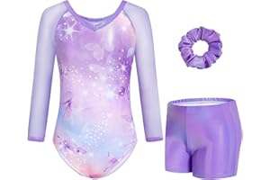 Gogokids Mädchen 3-teilige V-Ausschnitt Turnanzüge, 3/4-Arm Turnoutfit mit Netz Splicing Design, Funkelnde Turnbekleidung für Mädchen mit Shorts und Haarband für Alter 3-12 und als Turngeschenk