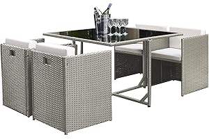 ECASA 4 Seater Rattan Garden Dining Cube Set Compact Wicker Weather & UV Resistant. Square Dining Table Black Tempered Glass 5 Piece Patio Set. Warm Grey or Black (Warm Grey)