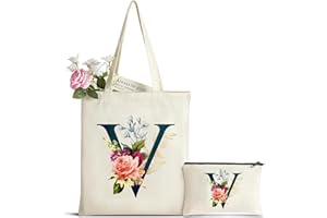 HAMATATA Cadeau Femme Sac Fourre-Tout avec Initiale Fleur, Personnalisés Sac en Toile en Coton Trousse de Maquillage, Cadeaux de Mariée, Cadeau Parfait pour Amie, Mères pour Anniversaire Mariage Voyage Noël V