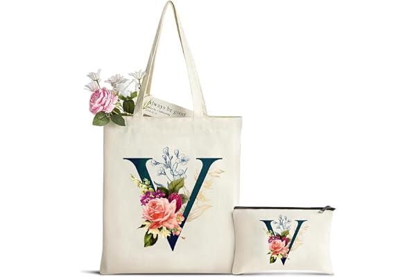 Cadeau Femme Sac Fourre-Tout avec Initiale Fleur, Personnalisés Sac en Toile en Coton Trousse de Maquillage, Cadeaux de Mariée, Cadeau Parfait pour Amie, Mères pour Anniversaire Mariage Voyage Noël V