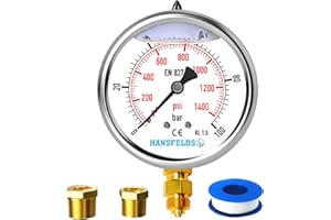Manomètre Hansfelds 0–100 bar/psi, cadran 63 mm, raccord inférieur en laiton G1/4" BSP, rempli de liquide (glycérine), classe de précision 1.6, inclus 2 réducteurs 3/8" et 1/2".