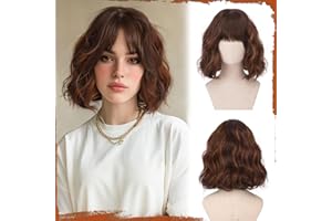 Sofeiyan Perruque courte ondulée Bob avec frange Femmes 30 cm Mèche Brune Perruque synthétique pour femmes Perruque naturelle bouclée pour cosplay quotidien fête Halloween